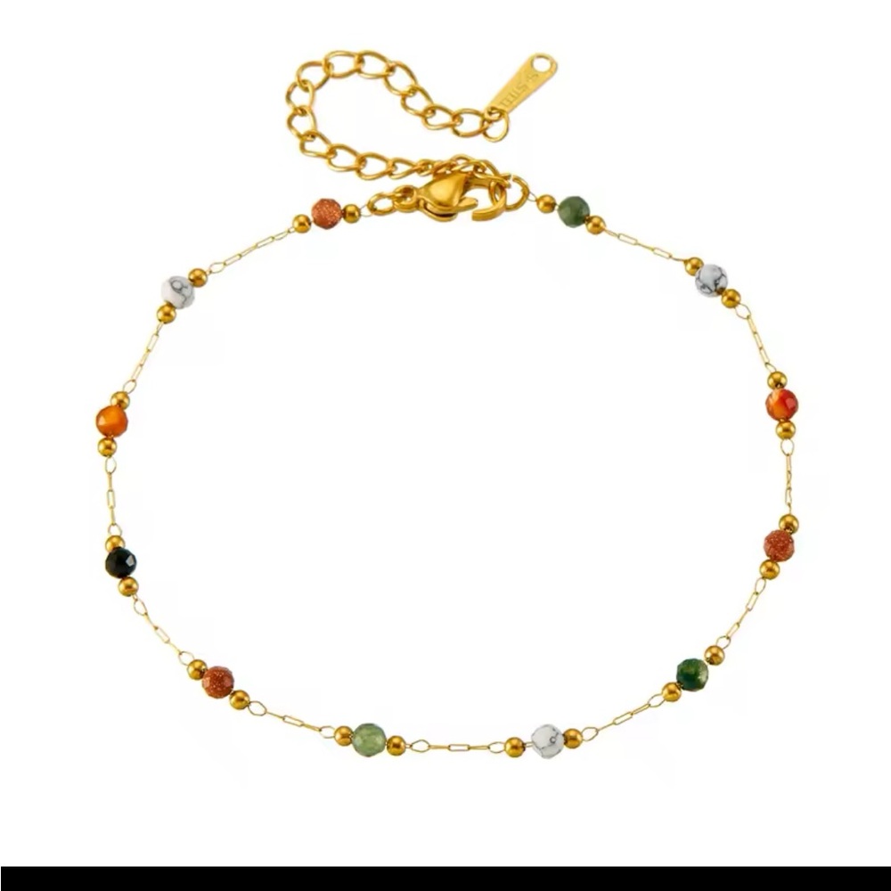 Gold Beaded Gemstone Bracelet – Dainty Multicolor Boho Adjustable Chain